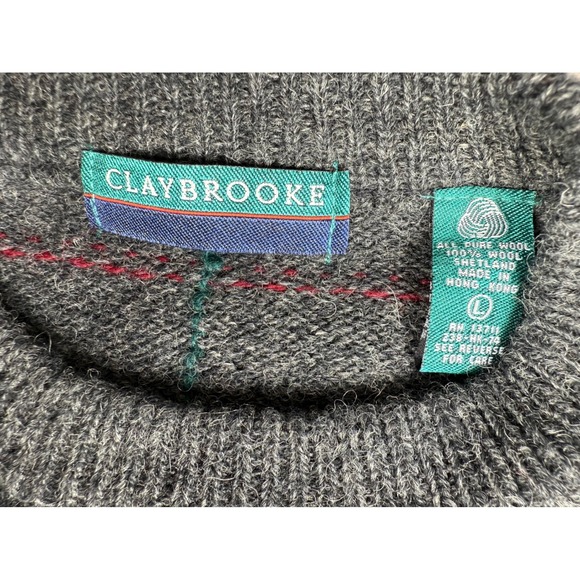 Vintage Claybrooke‎ Mens Wool Sweater Large Gray Plaid Crewneck Soft Warm - Picture 2 of 4